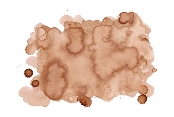 Abstract watercolor spot in brown shades with splashes, drops, hand-drawn. Background for design, decoration. The stain of spilled coffee is isolated on a white background. Old burnt paper.