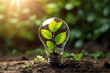 Closeup growing green plant inside a light bulb on soil. Ecological friendly, Sustainable environment, Renewable energy, Clean energy, Global warming. World Environment Day June 5. Earth Day April 22.