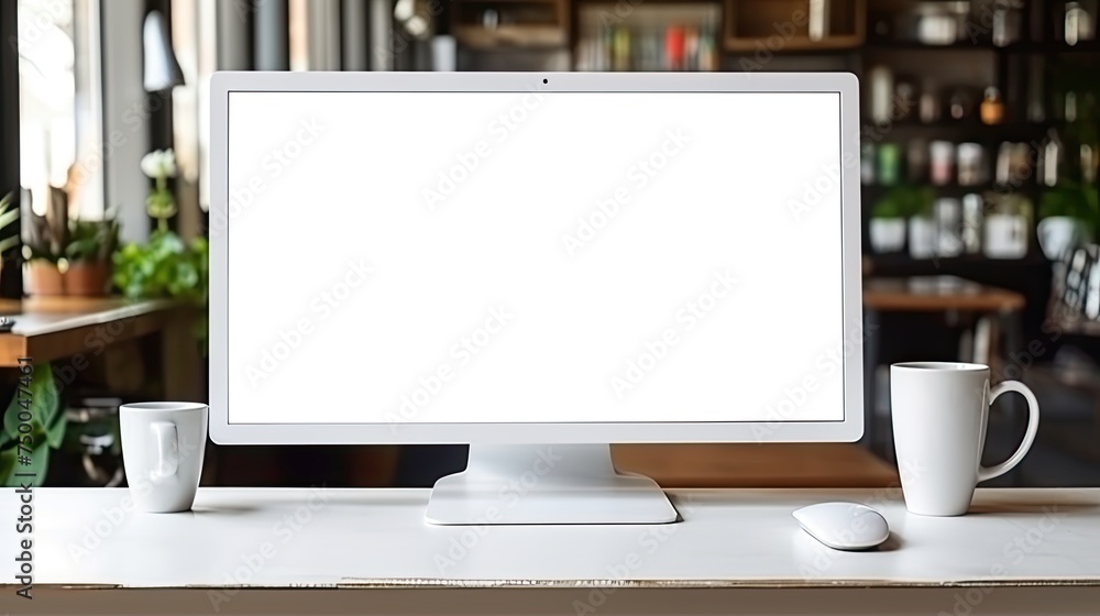 Aufkleber desktop mockup with keyboard in co-working cafe background. white screen computer on office desk for