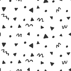 Doodle abstract geometric elements. Black and white squiggly seamless pattern. Triangles, spots, scribbles random drawing. Freehand texture for design. Wallpaper, fabric, cover print