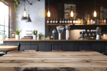 Wooden Table and Black Bar Top in Coffee Shop
