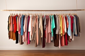 Range of Clothes Hanging on Rack in Home. Various Clothing and Dress Options on Hangers for House Collection