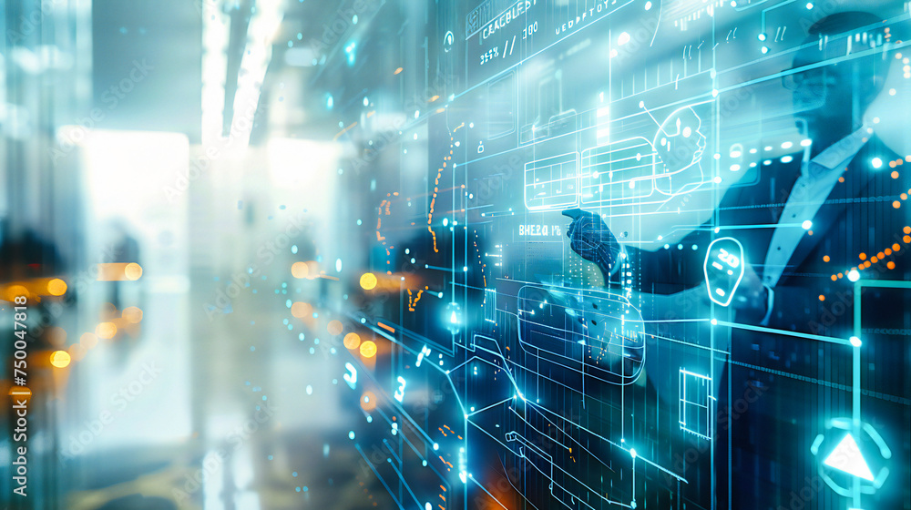 Poster technology and network concept in a futuristic setting, illustrating the integration of data, cyber 