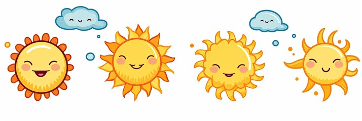 Summer Doodles: Hand-Drawn Sun Icons with Smiling Faces and Radiating Sunbeams. Perfect for Holiday and Sunshine-themed designs