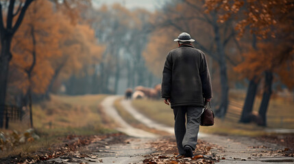 Senior man farmer at the farm walking on the dirt road in autumn day going to the piggery to feed...