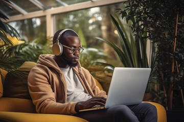 Handsome african manager ,student  sitting at office desk in front of laptop hold mobile phone make pleasant business or informal call. Successful businessman looking at financial