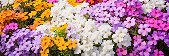 Summer Flowers Panorama: Colorful Flower Bed of Phlox and Marigold Blooms in Urban Landscape Design. Bright Summer Flowers Blossoming - obrazy, fototapety, plakaty