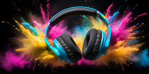 Stereo headphones exploding in festive colorful splash, dust and smoke with vibrant light effects on loud music sound, pulse, bass and beats, ready for party  - obrazy, fototapety, plakaty
