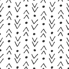 Simple Doodle Line and DotsTexture. Seamless Black and white Pattern. Pen ink Drawing scribbles. Hand drawn row of arrows. Monochrome abstract squiggles. Modern Minimalist illustration for Design