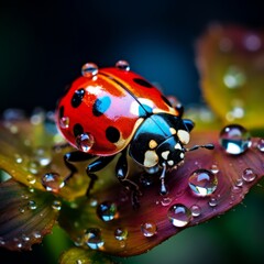 Fototapeta premium close up ladybug on grass. on a green leaf with dew drops