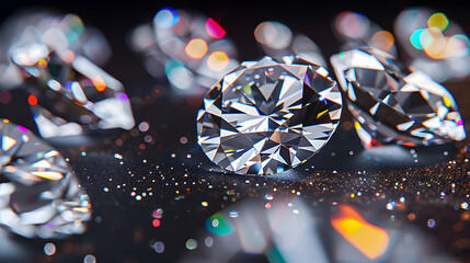 Shiny diamonds on black background, brilliants sparkle on dark table, luxury white gemstones with...