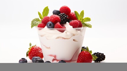 Fresh fruit yogurt with fresh berries on white background