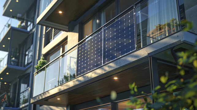 Balcony solar power station eco-friendly to use renewable energy. Solar Panel Balcony Apartment of Multifamily Building in Eco City. Solar Panels on Modern Balcony. Sustainable resources concept