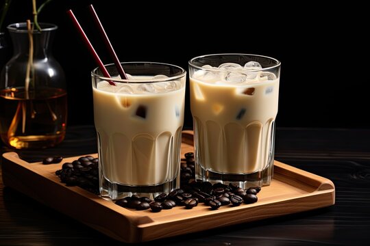White Russian Cocktail with Fresh Cream. Glasses with Straws and Shaker on Wooden Board with Coffee Grains, Isolated on Black, Bar Party Background