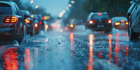 Gridlocked cars on a rainy highway causing congestion and delays for drivers. Concept Traffic congestion, Rainy weather, Highway delays, Frustrated drivers, Gridlocked cars