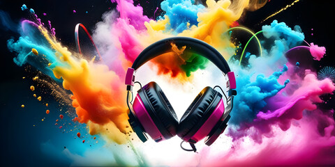 Stereo headphones exploding in festive colorful splash, dust and smoke with vibrant light effects on loud music sound, pulse, bass and beats, ready for party 