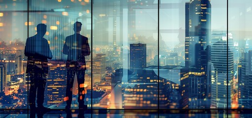 Business Professionals Silhouetted against a Window, Overlooking a Dense Cityscape Illuminated by Countless Lights - obrazy, fototapety, plakaty