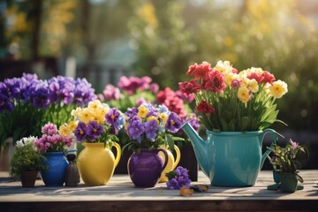 Flowers in clay pots on the terrace. Potted Flowers Wooden Floor Garden