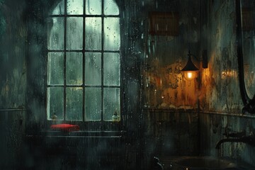 Rainy ambiance outside a vintage window, warm light of a lantern contrasts with the cool blue tones...