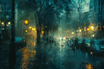 Droplets cling to glass, with blurred golden light diffusing through a cool teal backdrop, evoking...
