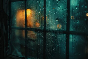 Rainfall on glass creates an impressionist view of urban twilight, with orbs of light piercing the evening drizzle. Evening precipitation on windowpane transforms cityscape into canvas of light blobs