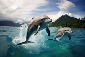 Fototapeta premium Cheerful dolphins leaping out of crystal clear waters, two dolphins leaping out of crystal-clear turquoise waters, Ai generated