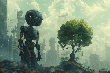 Amidst a grey city in haze, a robot gazes at a young plant, an artwork illustrating the contrast between mechanical life and new growth. Against a backdrop of fog-covered skyscrapers