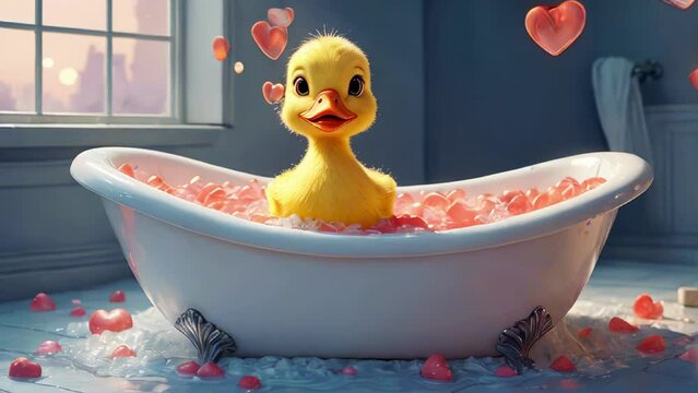 A rubber duck in a bath surrounded by falling hearts.
Concept: Celebration of love, caring for animals, children's toys and care.