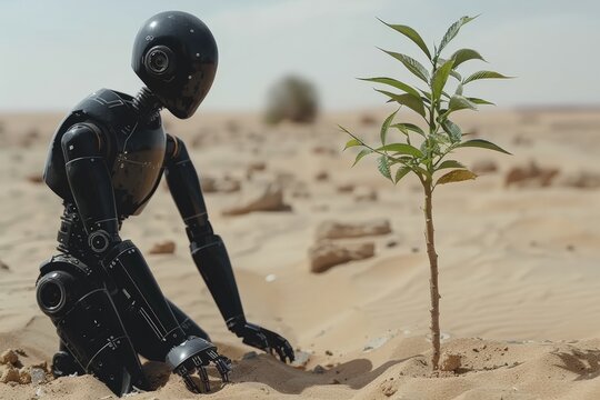 A sleek robot kneels in the desert, tenderly planting a tree, a symbolic act of nurturing life in arid, barren world. Amidst stark desert landscape, robotic form engages in delicate act of planting