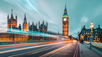 Evening traffic speeds by the historic Big Ben and Houses of Parliament in London, showcasing urban...