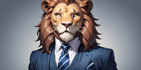 Lion dressed in an elegant and modern suit with a nice tie. Fashion portrait of an anthropomorphic...