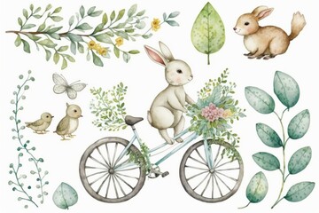 set with easter bunnies, twigs, flowers, straw, willow, bicycle, Happy easter, design for greeting card Watercolor easter spring set with easter bunnies, twigs, flowers, straw, willow, bicycle, birds