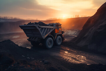 Mining truck in opencast on sunset. Electric EV futuristic mining truck in open-pit. Haul truck with bucket. Electric dump truck in a quarry during mining, future concept. AI Generative Illustration - obrazy, fototapety, plakaty