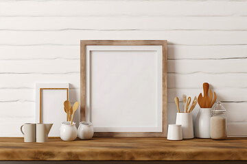 Mock up poster frame in kitchen interior with white wall on wood shelf