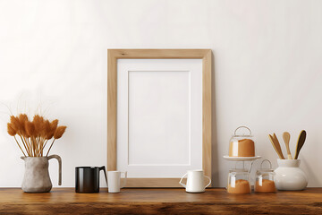Mock up poster frame in kitchen interior with white wall on wood shelf 
