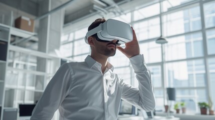 Fototapeta premium Concept futuristic design, Man Architect or Engineer wearing VR headset for working design architectural building model with BIM technology and virtual reality technology, generative ai