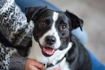 Portrait of dog sitting near the human. 