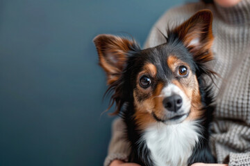 Portrait of dog sitting near the human. 
