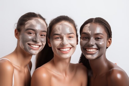 A picture of 3 girls friends relaxing with facial masks on over white background. Fun, Face Mask, Health