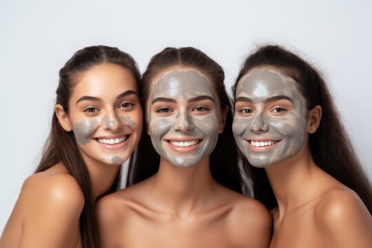 A picture of 3 girls friends relaxing with facial masks on over white background. Fun, Face Mask, Health