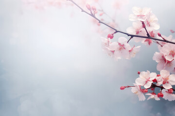 Blushing Sakura: Delicate Pink Blossoms, Nature's Beauty on a Cherry Tree Branch, Symbolizing Freshness and Renewal, Blooming against a Soft Blue Sky