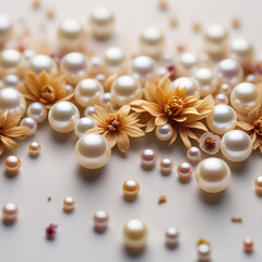 Closeup pearl beads and dried flowers photo, design for wedding, decoration, craft, wallpaper, birthday, anniversary, jewelry shop, gift for her, mother, grandma, Christmas gift, beauty