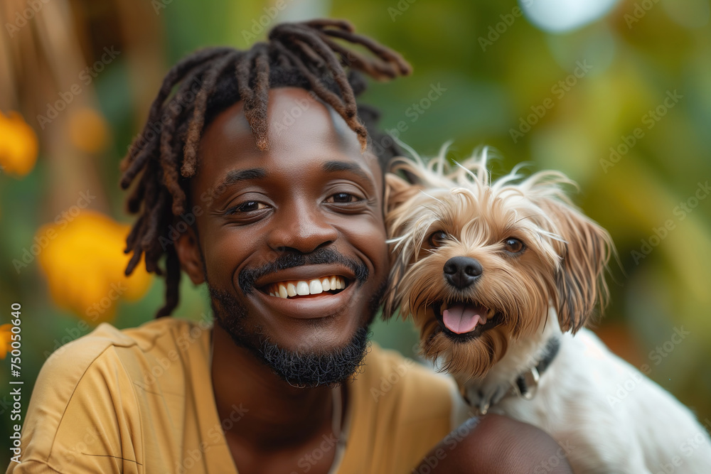 Wall mural Happy African American man with dreadlocks holding a small dog in his arms in the tropics outdoors