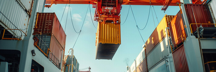 Detailed close-up of a crane delicately placing a shipping container onto a cargo ship's deck, highlighting the precision of maritime logistics.