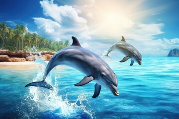 Cheerful dolphins leaping out of crystal clear waters, 3D playful dolphin leaping out of crystal clear turquoise water At sunset, Ai generated
