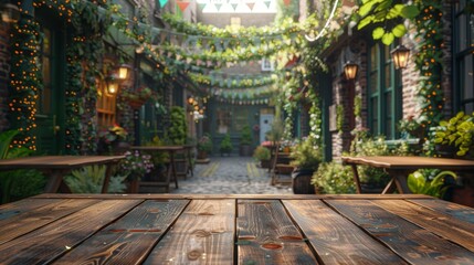 Wooden empty tabletop on blurred city street background with green holiday garlands and St. Patrick's Day flags - obrazy, fototapety, plakaty