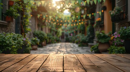 Wooden empty tabletop on blurred city street background with green holiday garlands and St. Patrick's Day flags  - obrazy, fototapety, plakaty