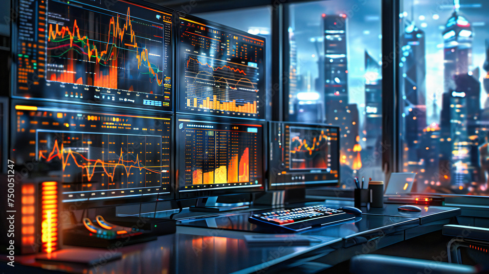 Poster stock market analysis on a computer screen, reflecting the complex dynamics of financial trading and