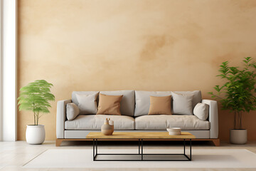 Living room wall mockup with leather sofa and decor on cream color plaster wall background