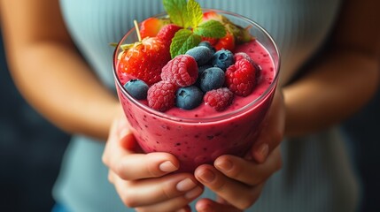 Close up woman hand holding a glass with berry smoothie, healthy eating, cooking, vegetarian food, dieting and people concept, generative ai - obrazy, fototapety, plakaty